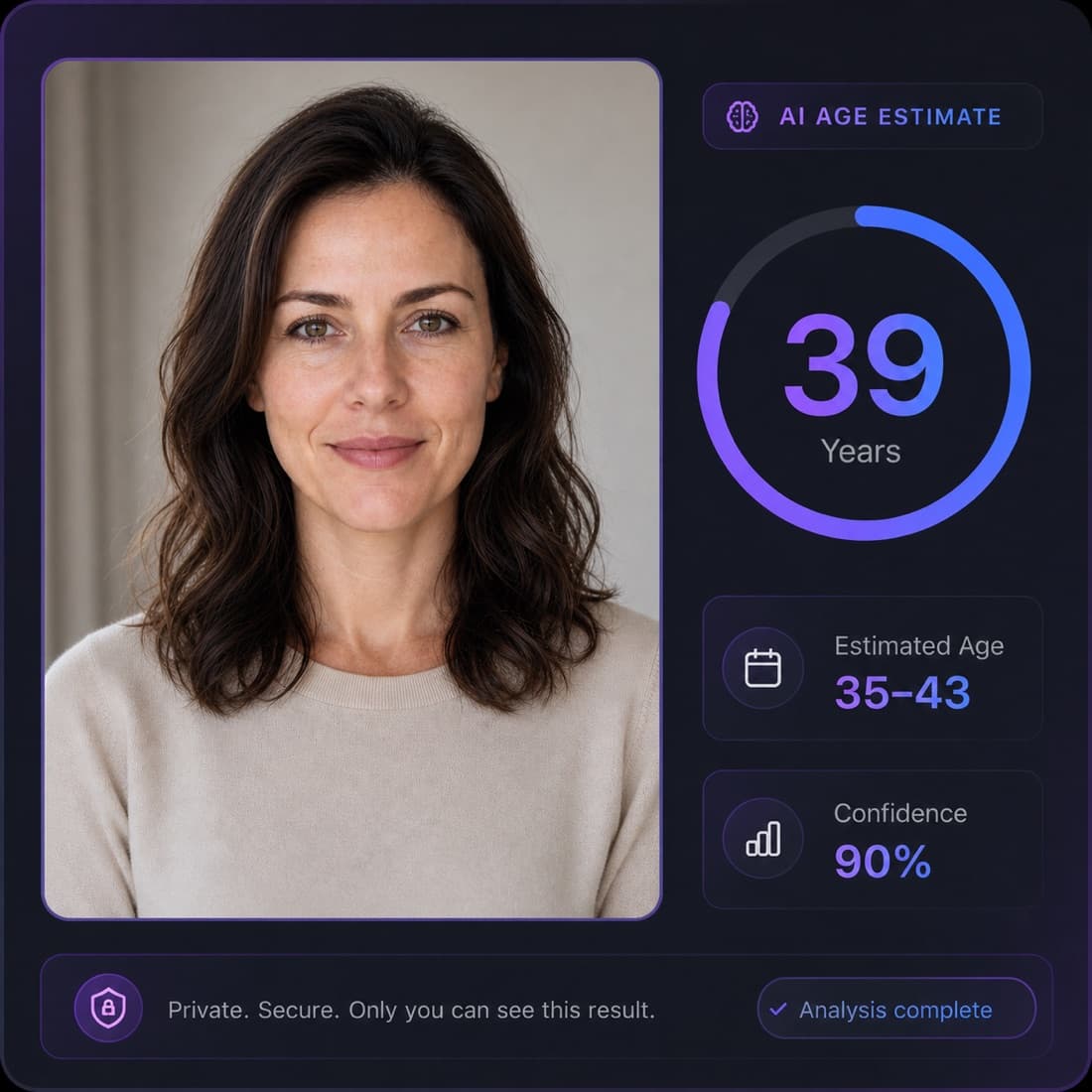 Example AI age detection result preview with an estimated age and confidence score.