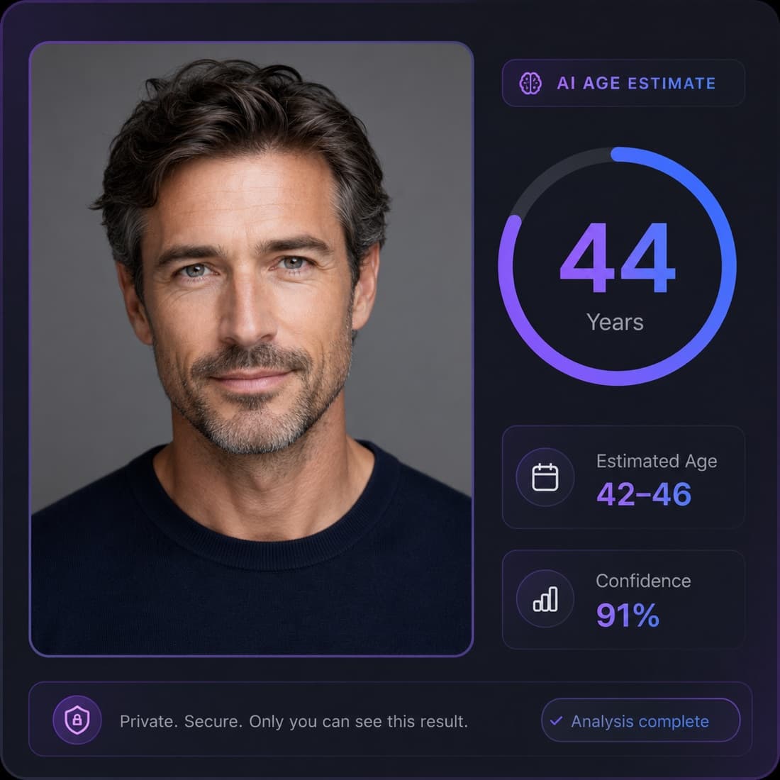 AI Age Detection Example: Adult Man Result Example AI age analysis result for an adult man with an estimated age and confidence score.