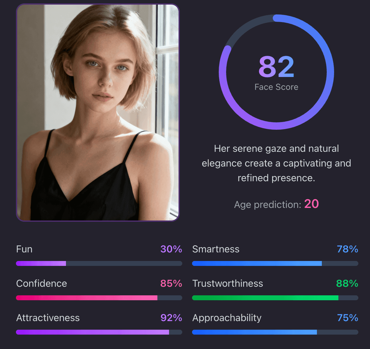 AI Age Analysis - Male Example with Attractiveness Score AI age analysis example - Man with facial recognition showing estimated age and attractiveness score